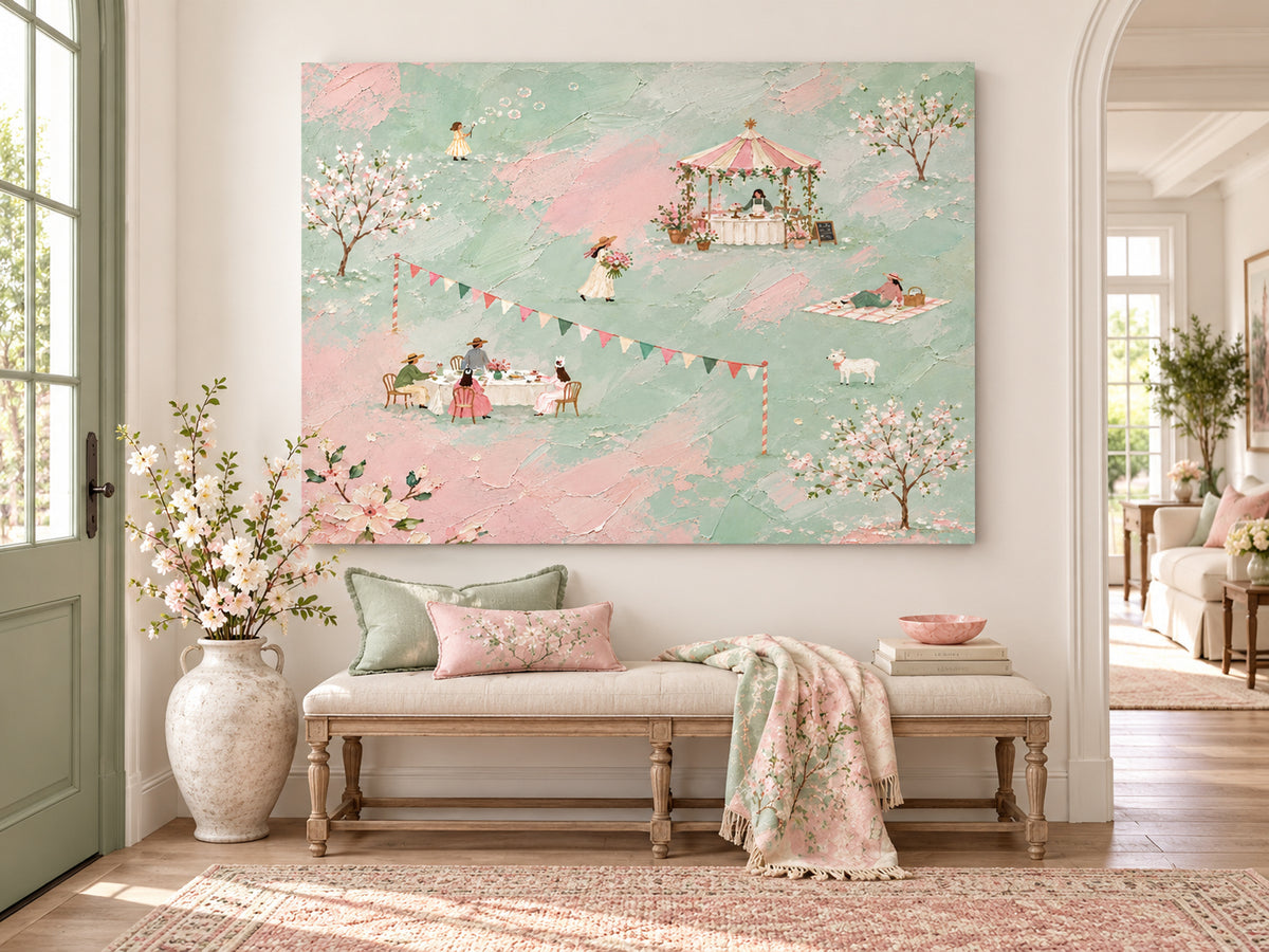 Spring Picnic Scene Hand-Painted Canvas Art With Floral Garden