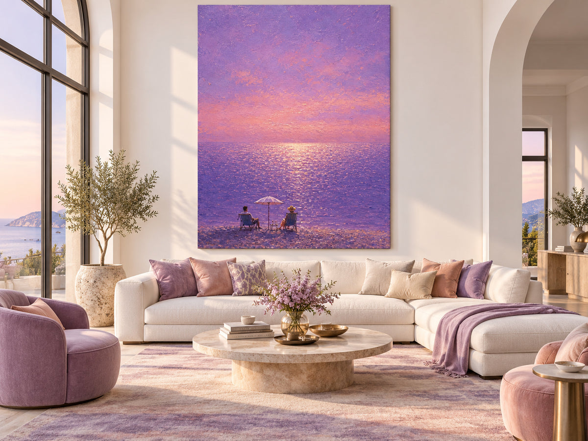 Romantic Purple Seascape Hand-Painted Canvas Art With Golden Sunset Glow