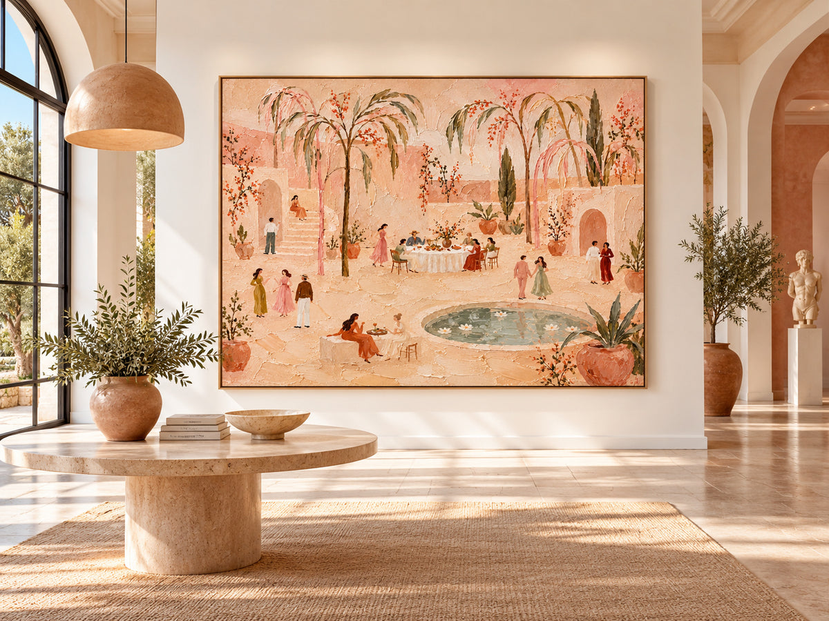 Vintage Moroccan Style Painting With Soft Pink And Green Tones