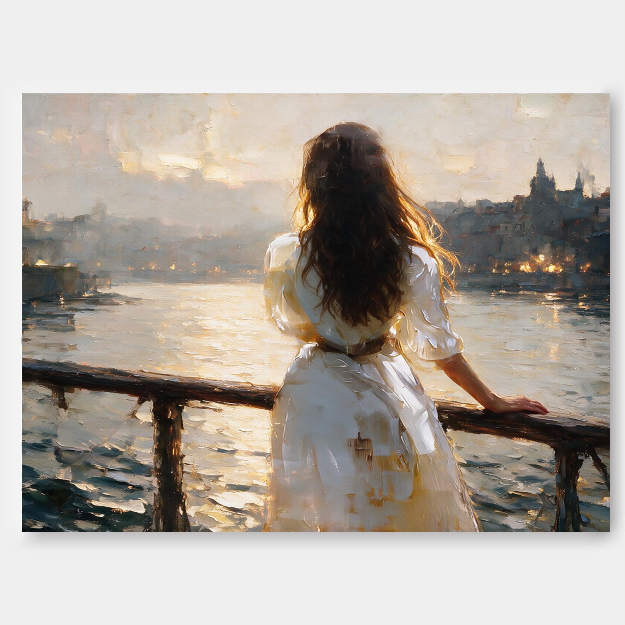 Impressionist Style Canvas Art Of Woman Gazing At City Lights By Water
