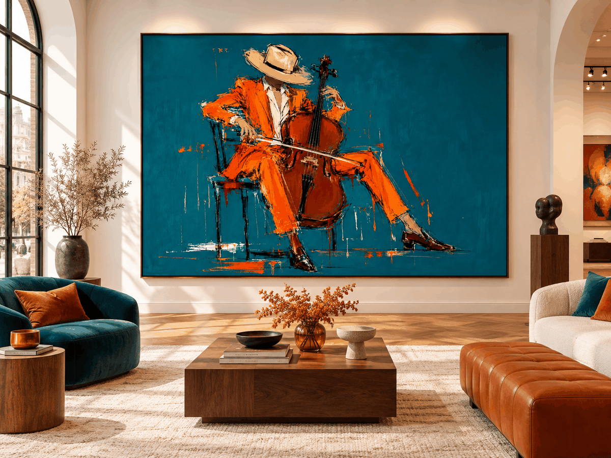 Hand-Painted Cellist In Orange Suit Modern Canvas Wall Art