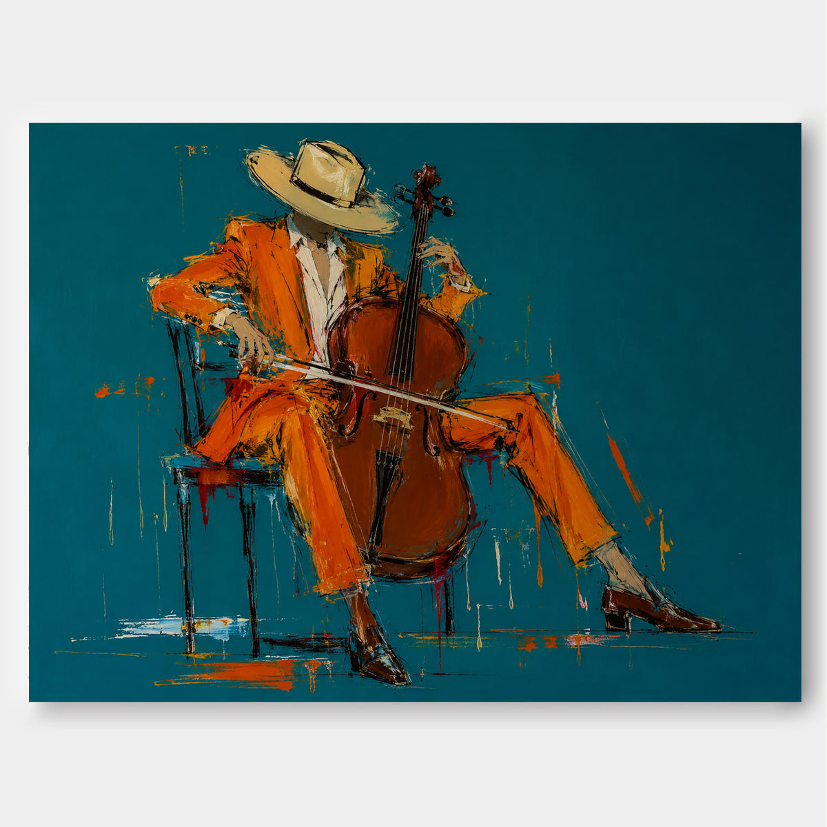 Hand-Painted Cellist In Orange Suit Modern Canvas Wall Art