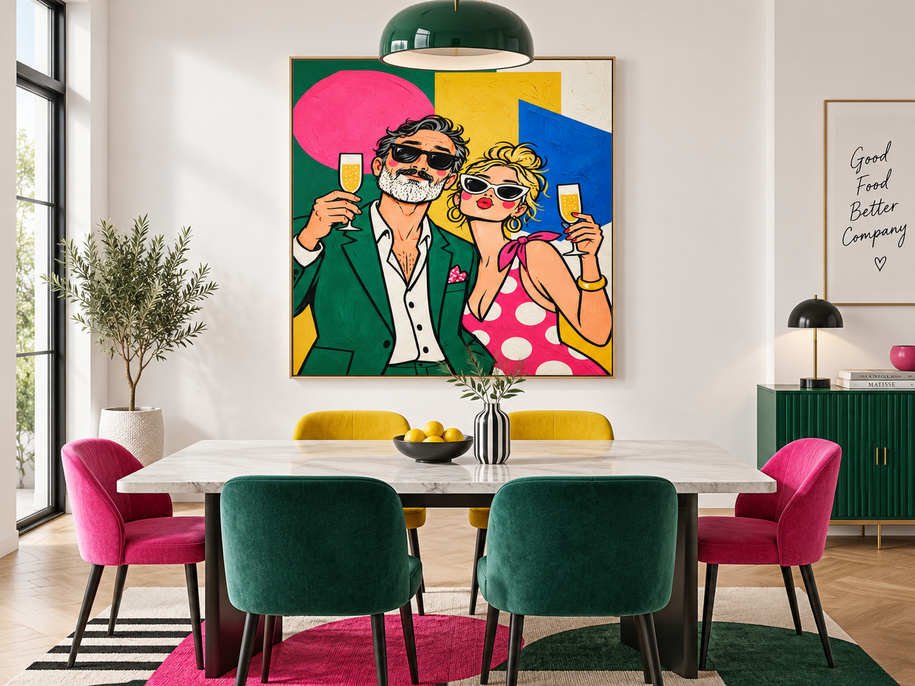 Stylish Couple Pop Art Canvas Painting With Champagne Glasses In Pink And Green