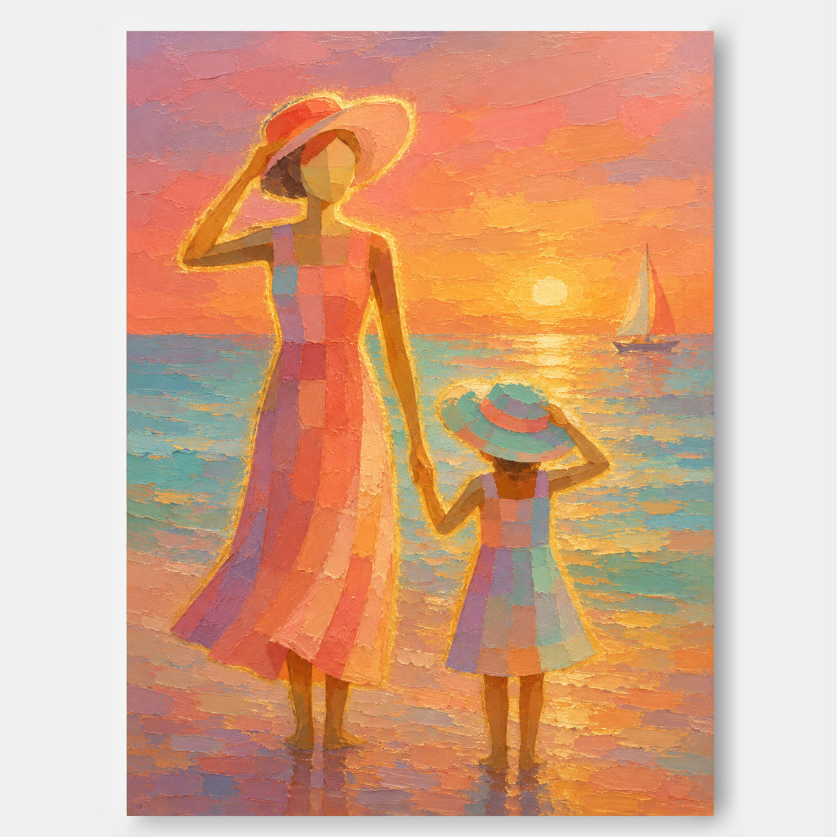 Mother And Daughter Sunset Beach Hand-Painted Canvas Art With Sailboat