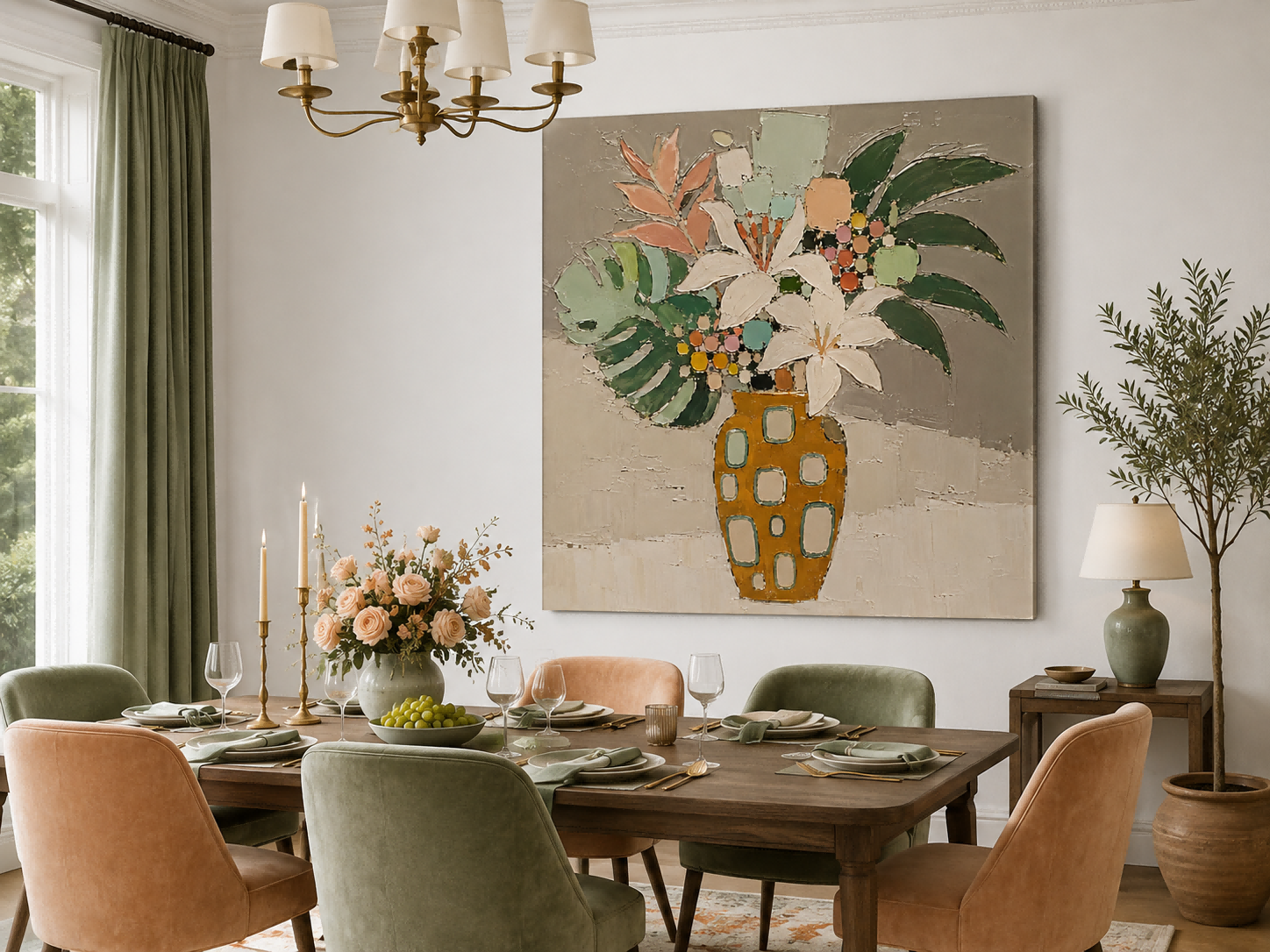 Abstract Floral Still Life With Lilies And Tropical Leaves Hand-Painted Canvas Art
