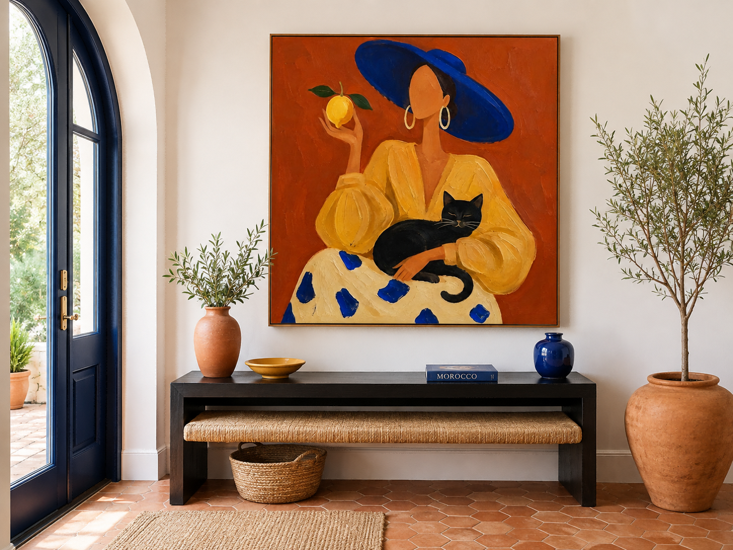 Modern Minimalist Oil Painting Of Lady With Blue Hat And Black Cat For Living Room Decor