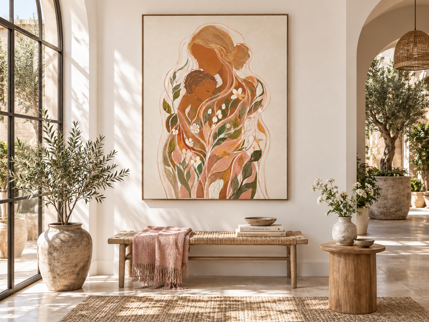 Bohemian Minimalist Abstract Painting Of Maternal Love And Nature