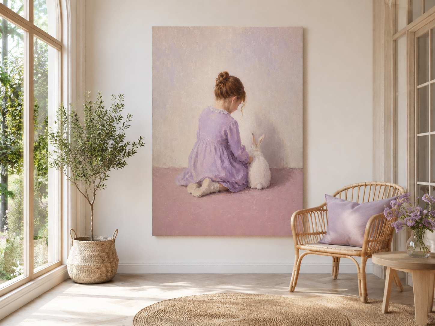 Classic Nursery Wall Art Girl And Bunny Painting For Kids Room