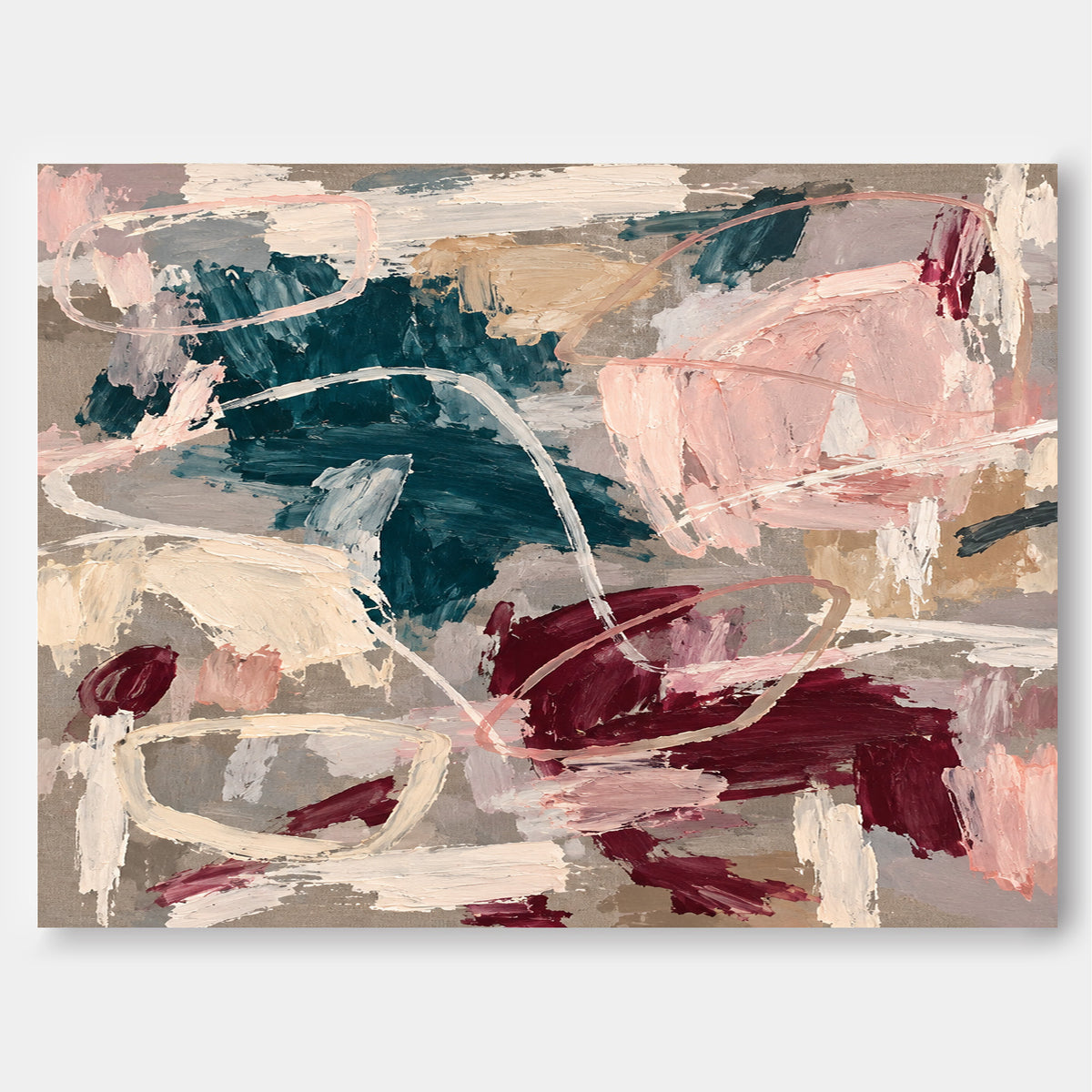 Hand-Painted Abstract Canvas Art With Crimson And Teal Textured Brushstrokes