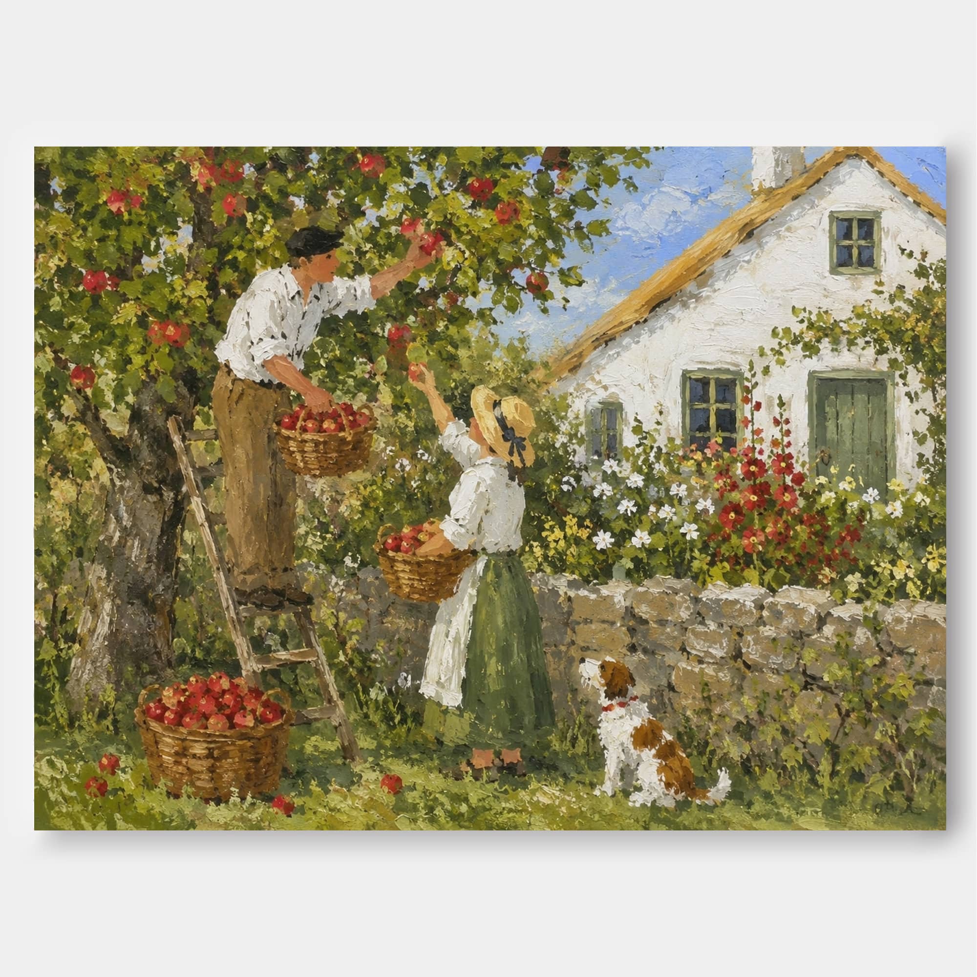 Pastoral Oil Painting Style Canvas Art Of Apple Orchard Harvest With Stone Wall And Flower Garden