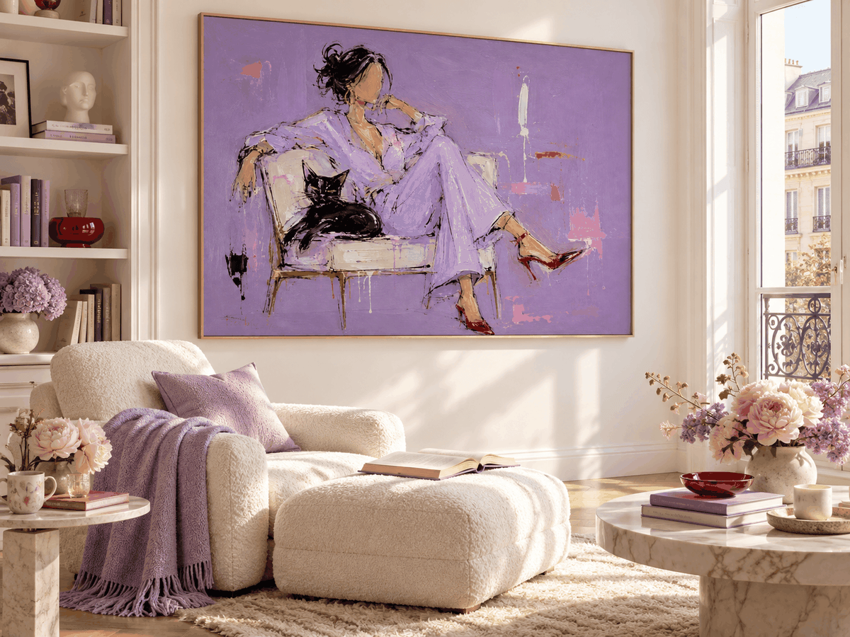 Woman With Black Cat Hand-Painted Canvas Art Abstract Fashion Art With Textured Purple And Red Accents