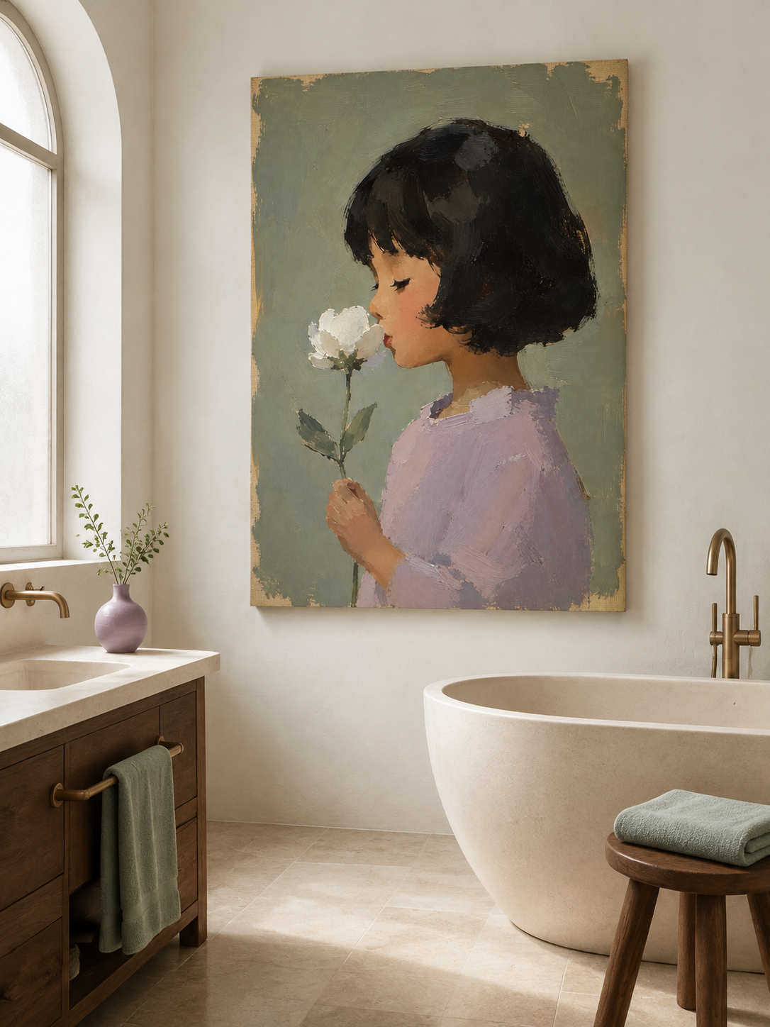 Modern Impasto Style Art Of Girl With Flower In Sage Green Tones