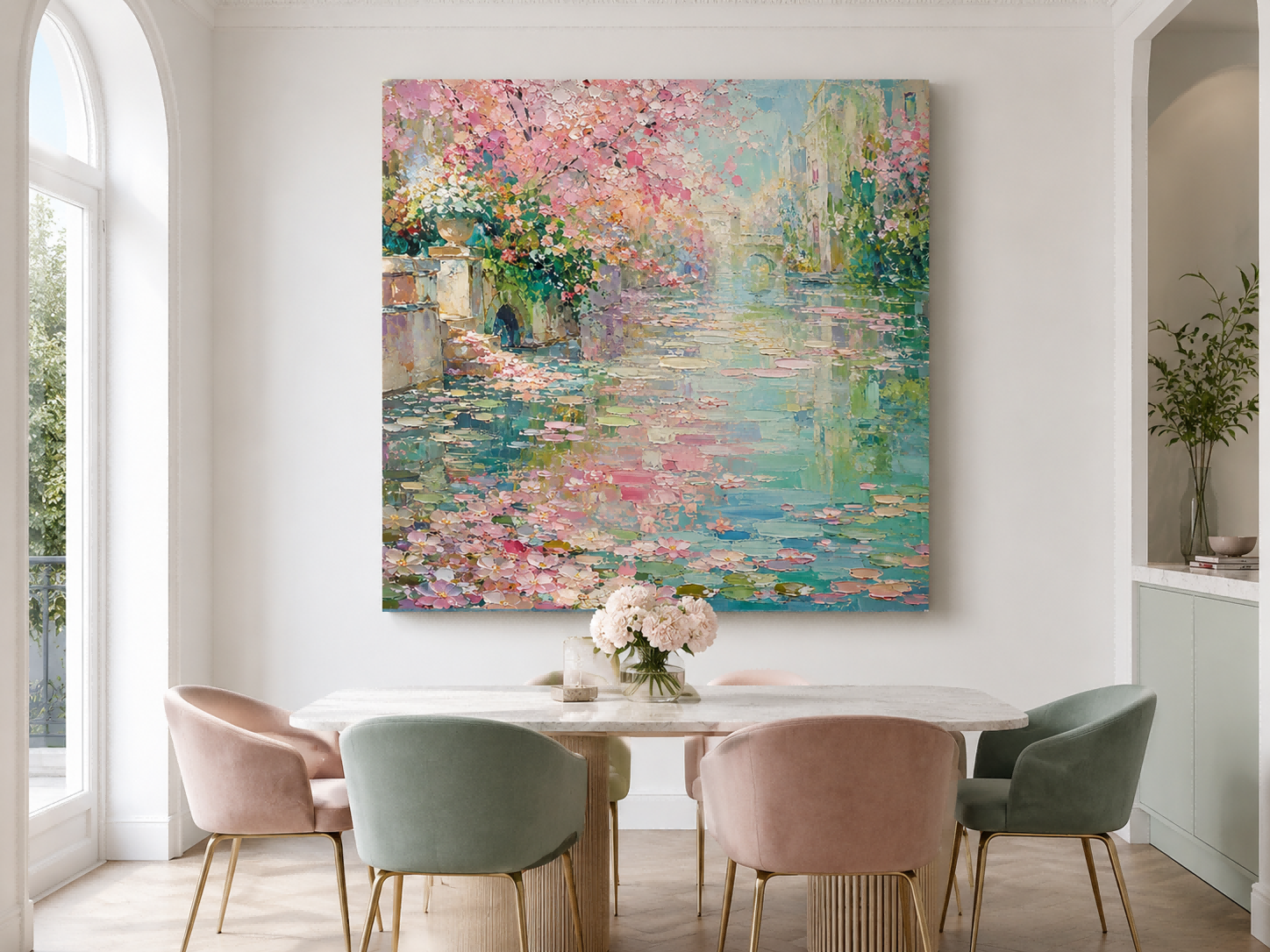 Modern Impressionist Style Pink And Green Textured Wall Art With Flowers