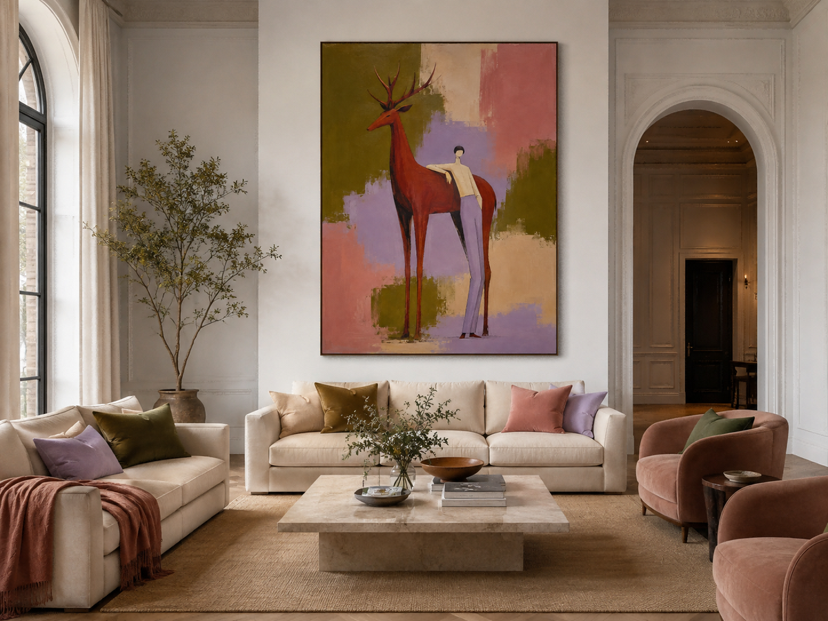 Abstract Man And Red Deer Canvas Painting Hand-Painted Wall Art