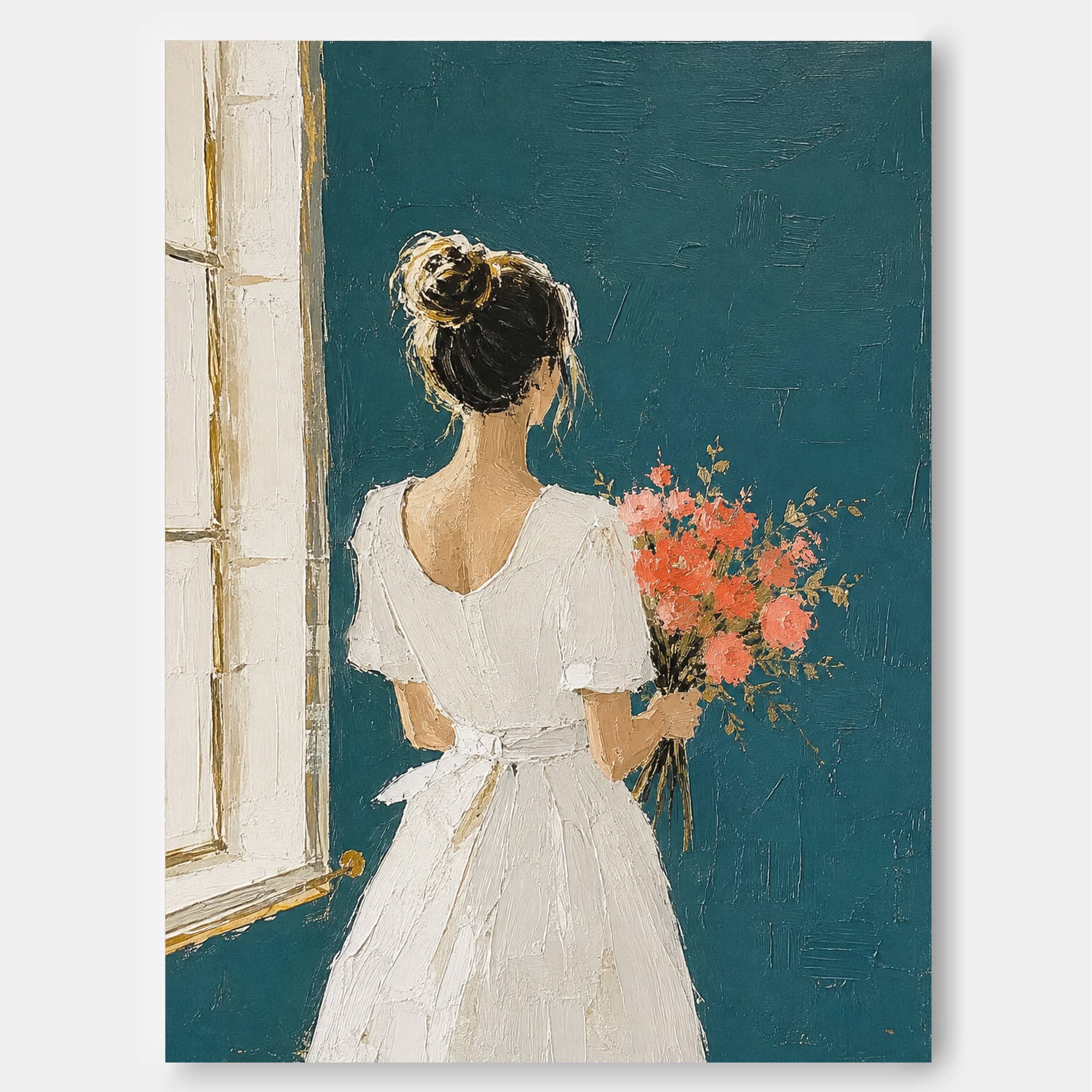 Elegant Minimalist Lady Painting With Flowers In White Dress For Modern Living Room Decor
