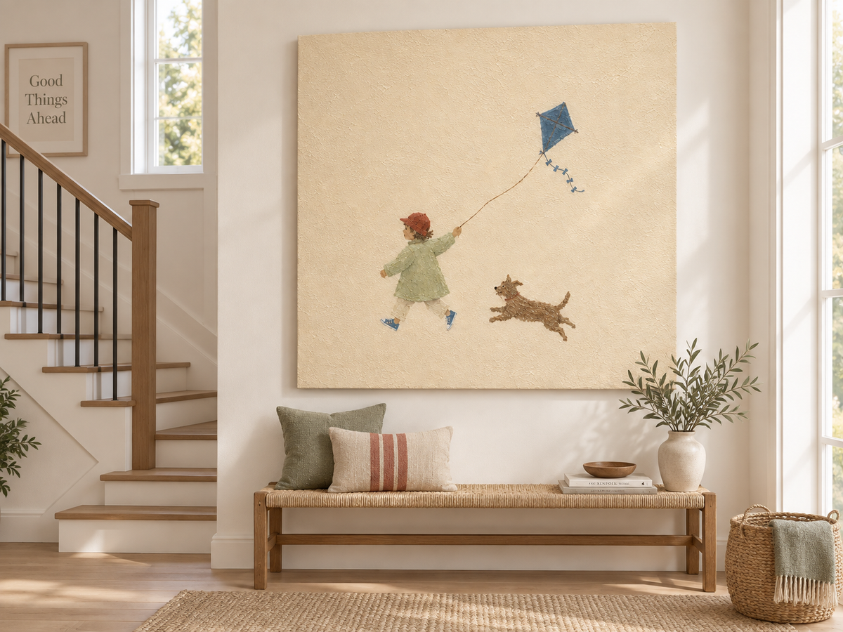 Whimsical Kids Room Wall Art Boy With Dog And Kite