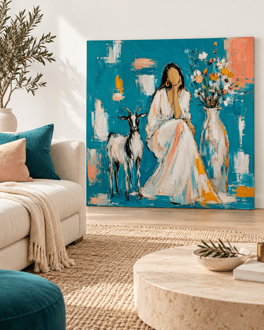 Minimalist Textured Oil Painting With Pastoral Theme And Blue Tone Woman With Goat And Flowers Abstract Canvas Art