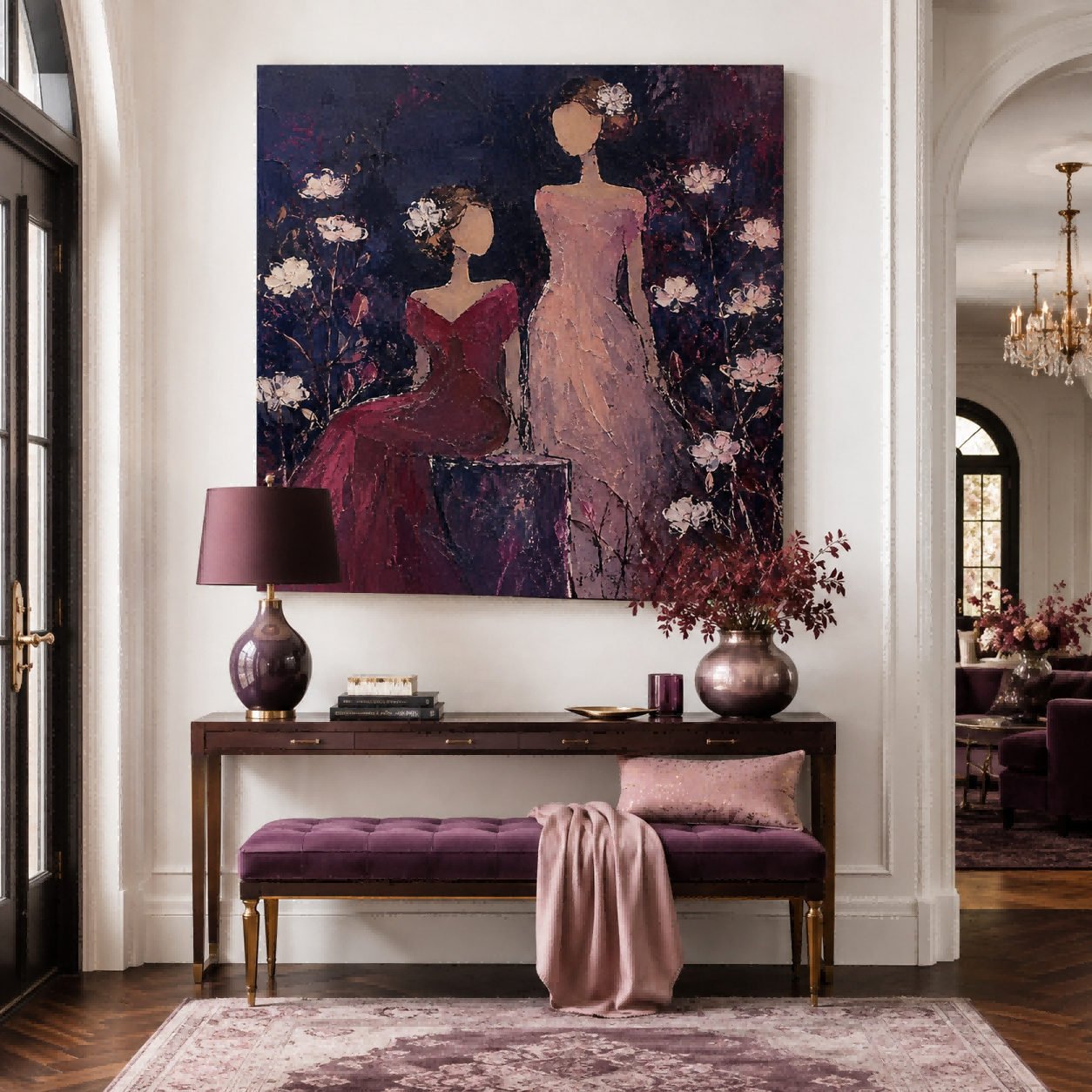Vintage Faceless Women Painting With Flowers In Purple And Red For Bedroom Wall Art Decor