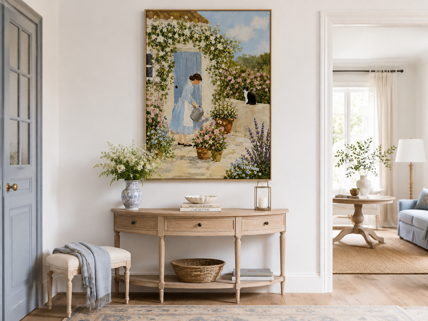 Woman Watering Flowers In Cottage Garden Hand-Painted Canvas Art