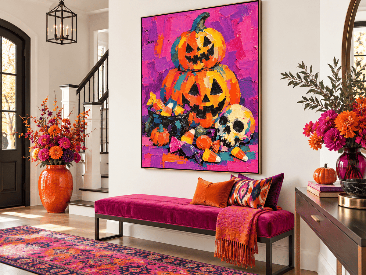 Hand-Painted Halloween Pumpkin And Skull Canvas Art With Candy