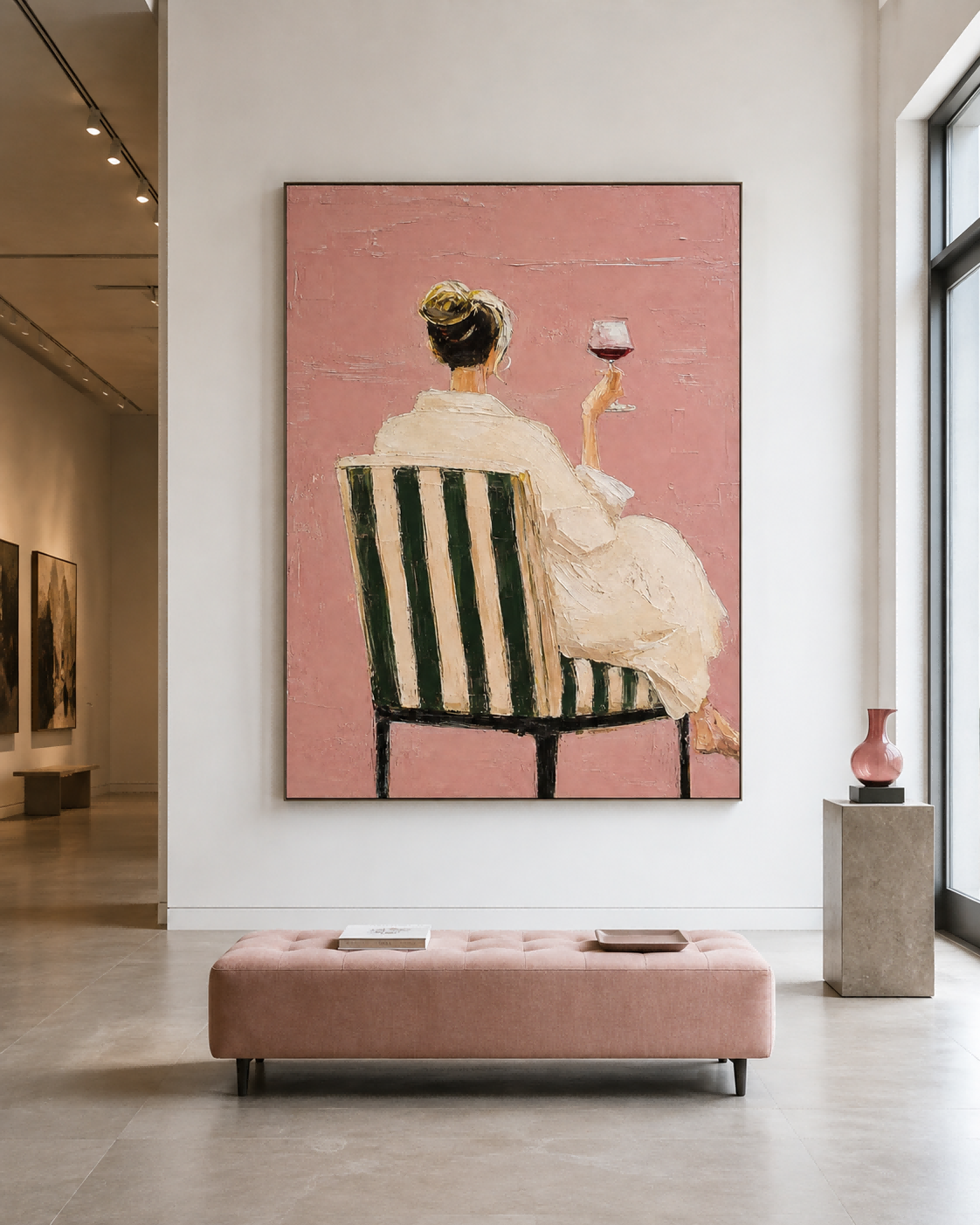 Modern Impressionist Canvas Painting Textured Pink And Green Abstract Figure Art For Sale