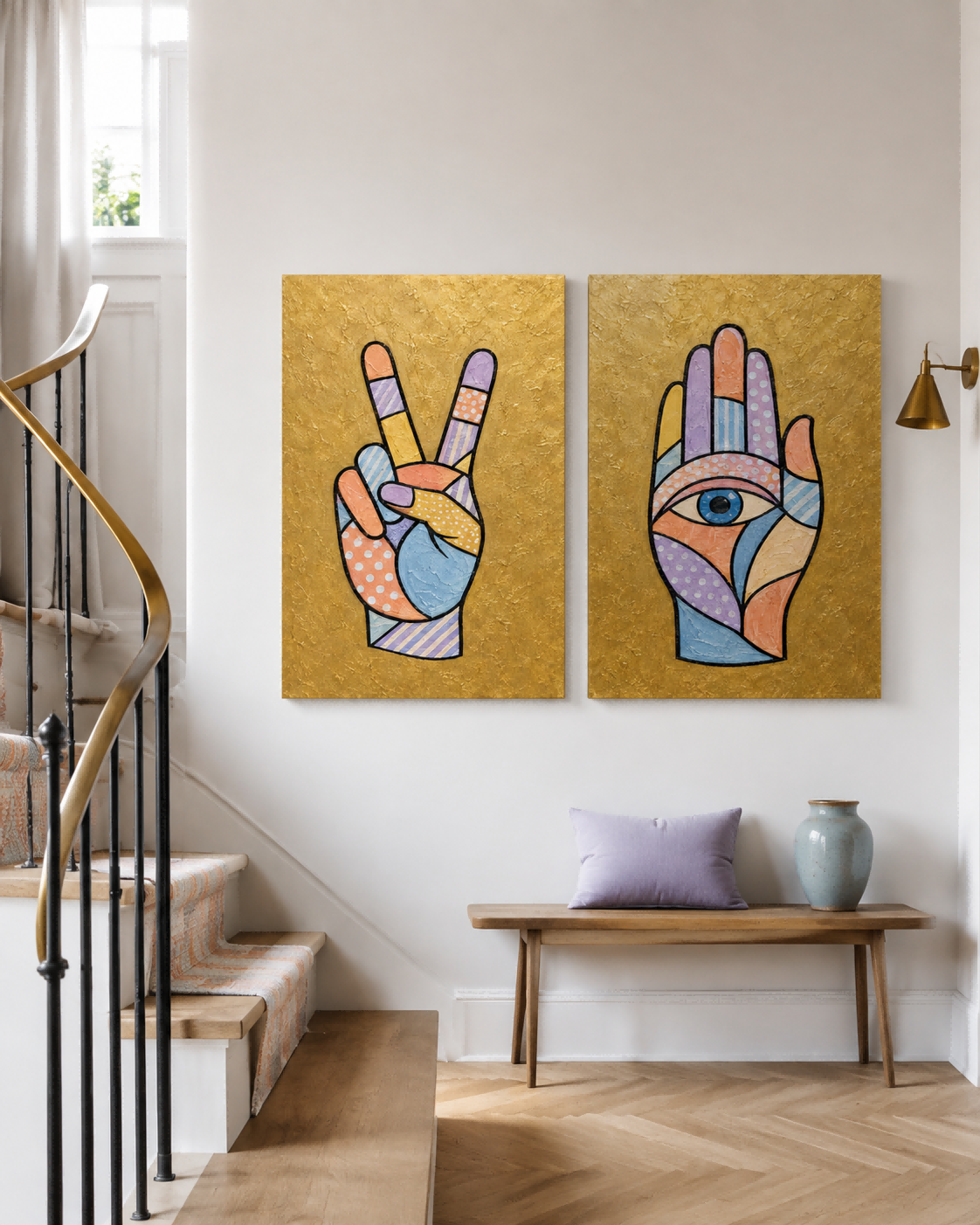 Hand-Painted Victory And Hamsa Hand Canvas Art Set With Gold Background Modern Gold Wall Art Decor For Living Room With Pop Art Style Hands
