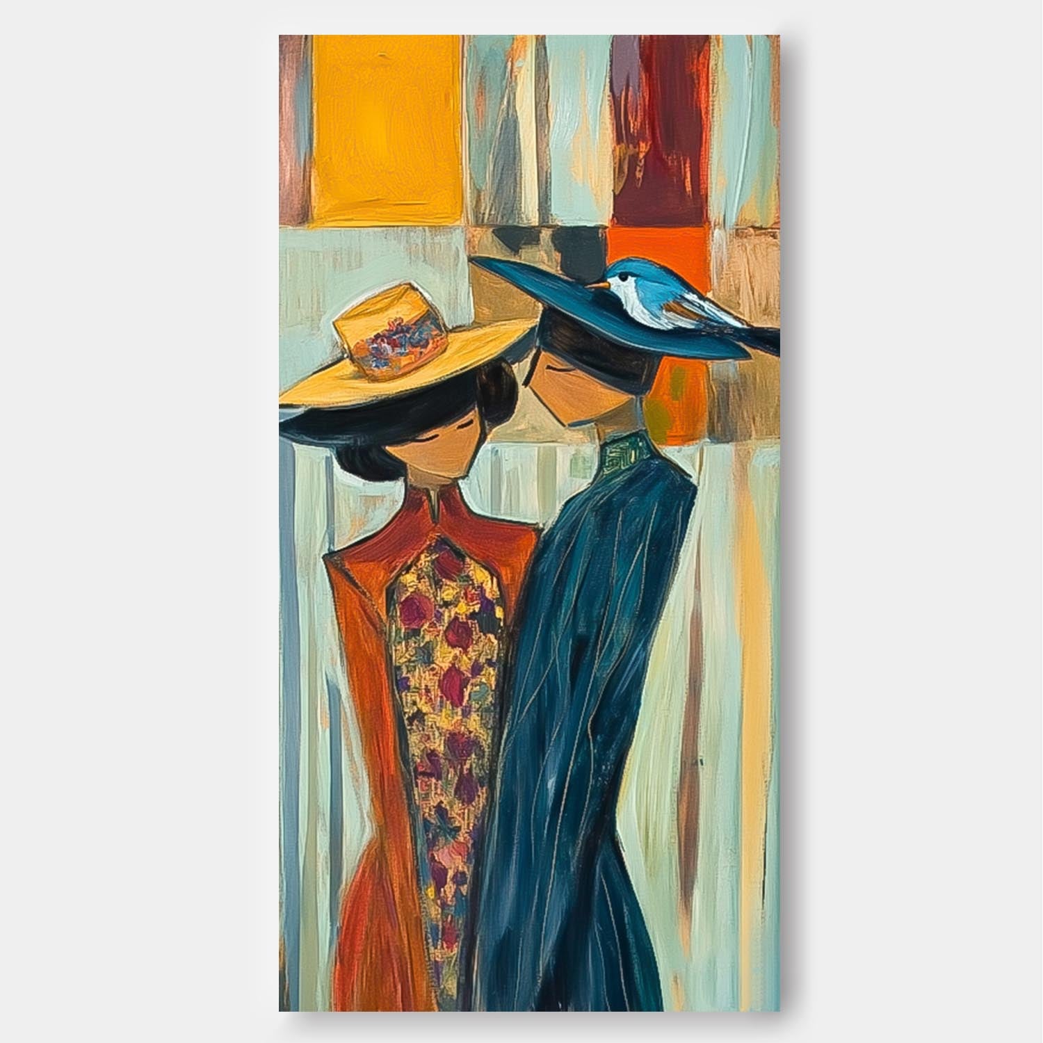 Original Two Fgures Wearing Hats Are Depicted Wall Art Large Painting Framed Abstract Figures Artwork