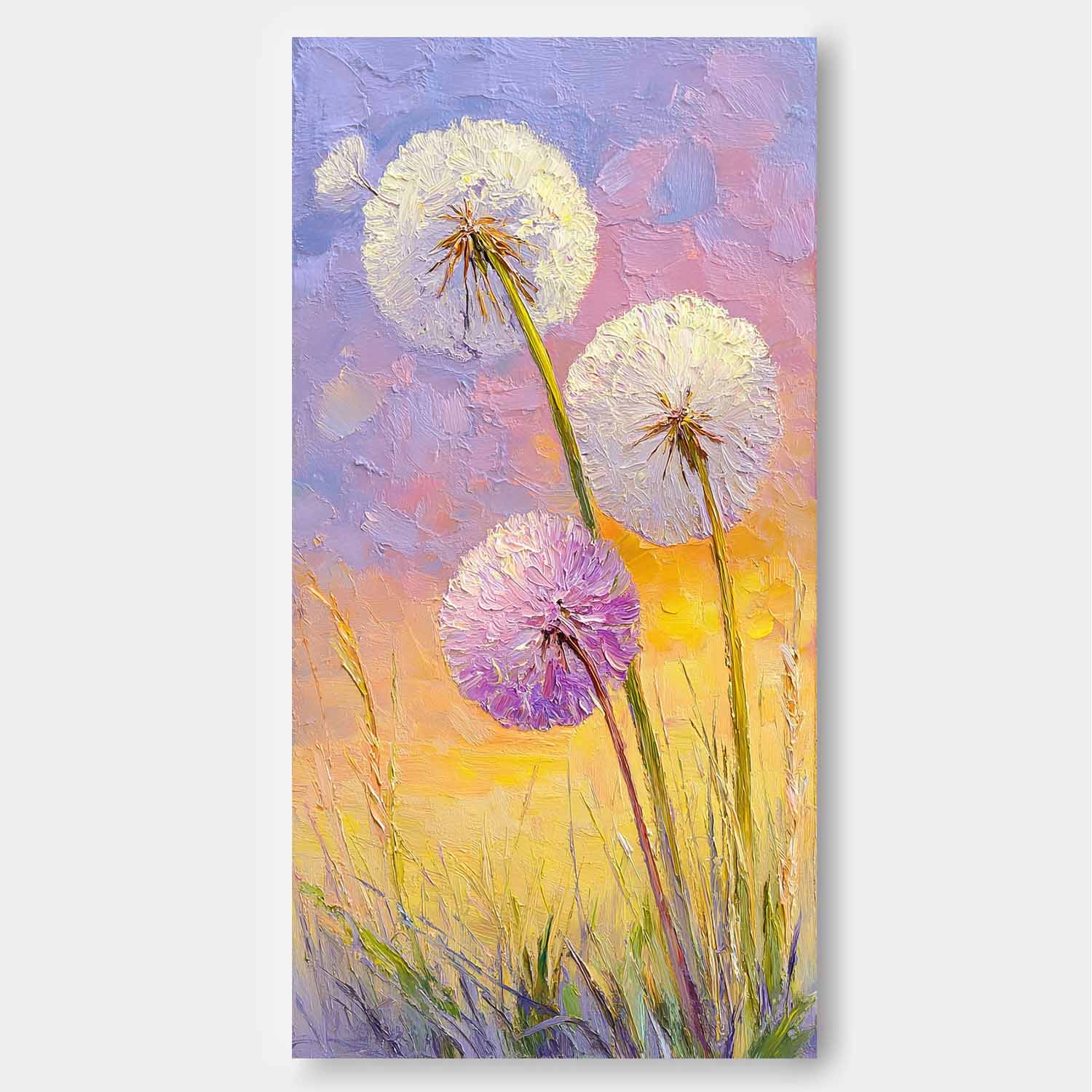 3D Palette Knife Textured Dandelion Oil Painting On Canvas Vertical Meadow Floral Wall Art For Home Decor