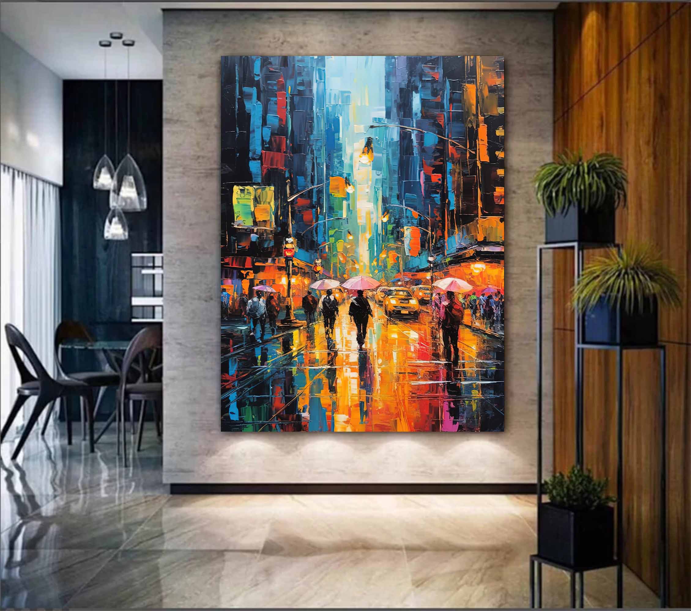 Original Urban Rain Scene oil Painting On Canvas Modern Wall Art Abstract Cityscape Painting Living room Wall Decor