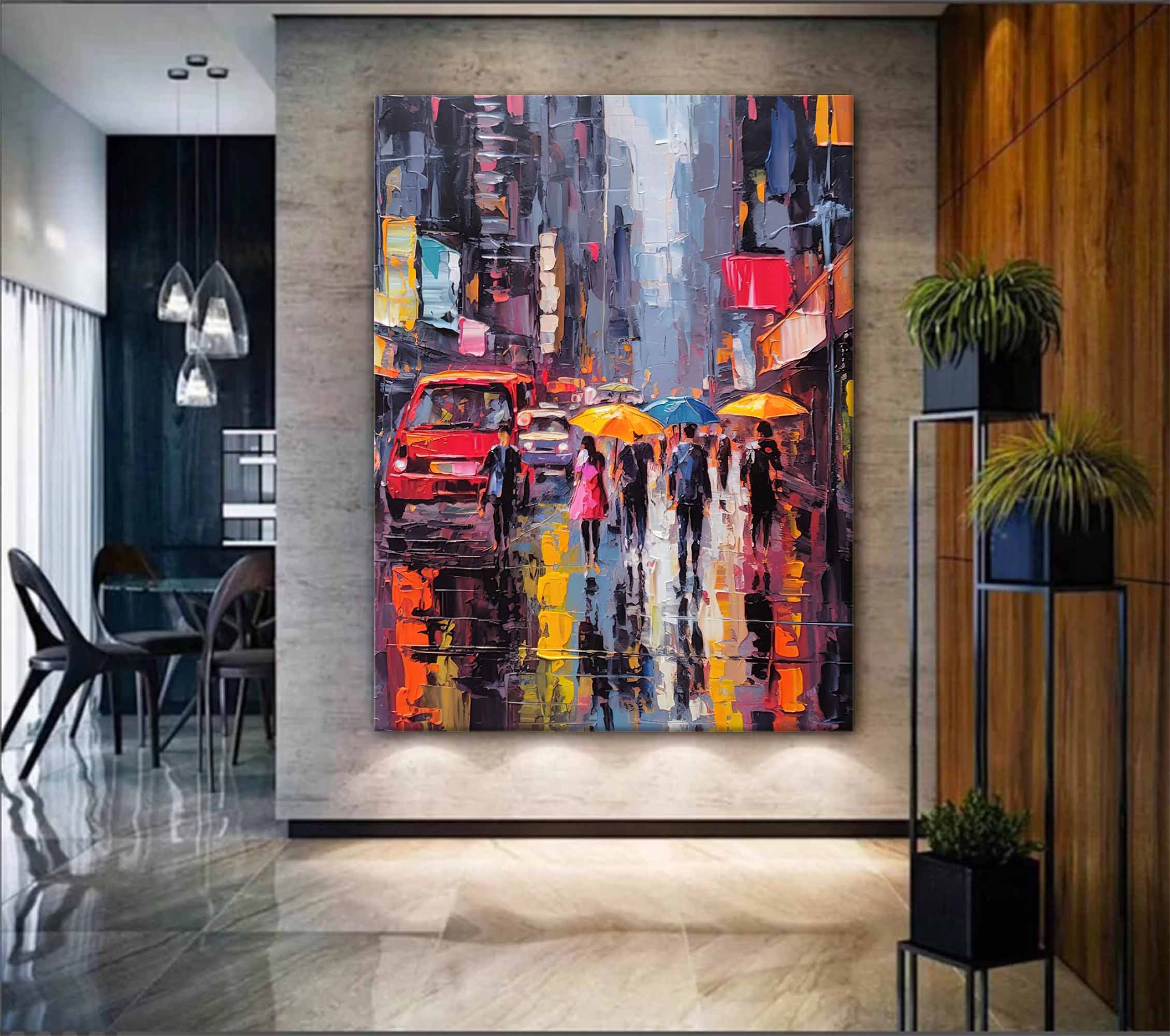 Original Modern Rainy Night Cityscape Oil Painting On Canvas Abstract Urban Scene Art Large Wall Art Home Decor