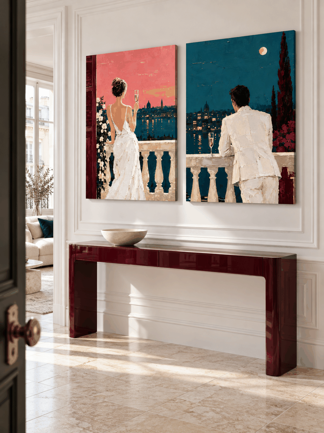 Romantic Couple Cityscape Hand-Painted Canvas Art Set Pink Teal