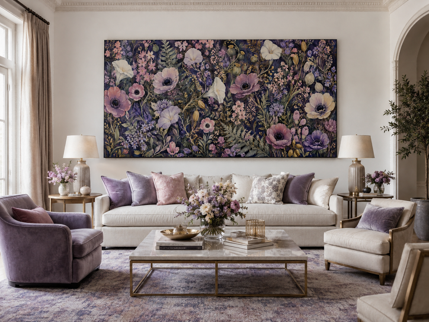 Romantic Vintage Floral Oil Painting With Deep Purple Background And Textured Wildflowers For Elegant Home Decor