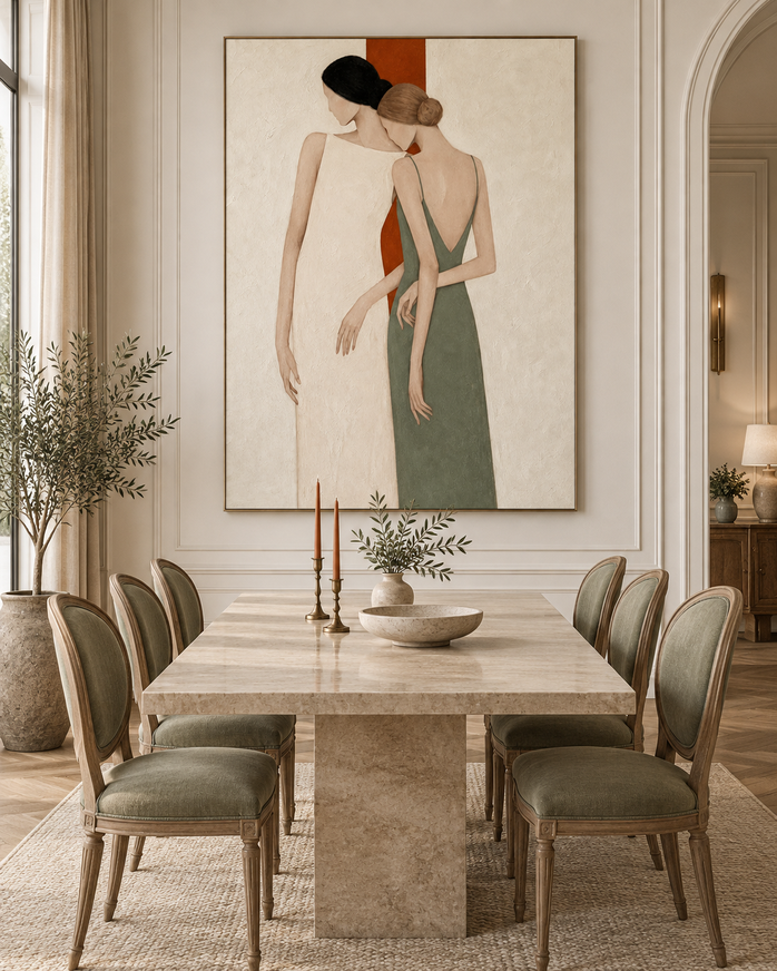 Minimalist Two Women Portrait Hand-Painted Canvas Art In Beige And Green