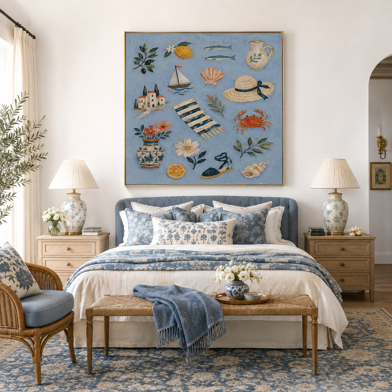 Mediterranean Bohemian Square Oil Painting With Sea Life And Lemons For Living Room Decor