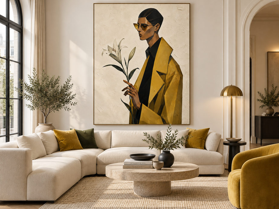 Vintage Geometric Minimalist Art Painting With Textured Finish And Gold Accents