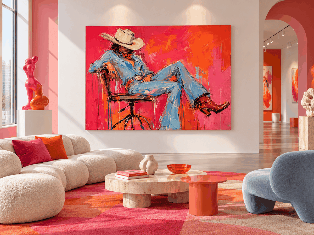 Vintage Modern Textured Art With High-Contrast Colors And Western Theme