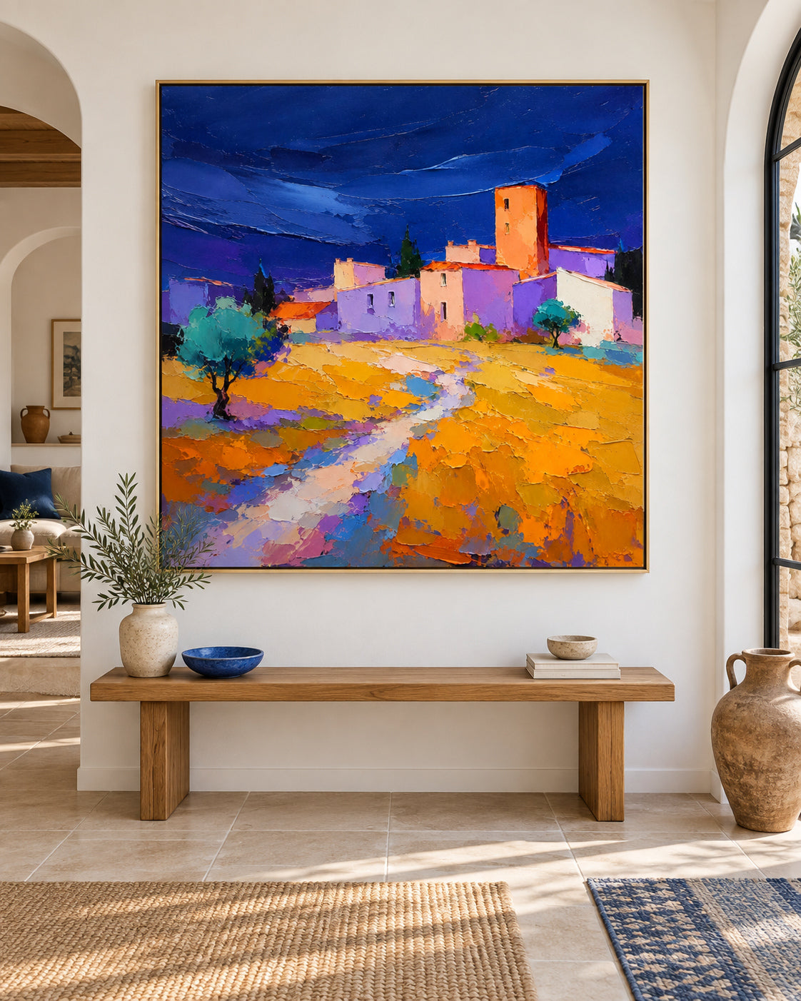 Impressionist Style Textured Canvas Painting With High Saturation Blue And Yellow Colors
