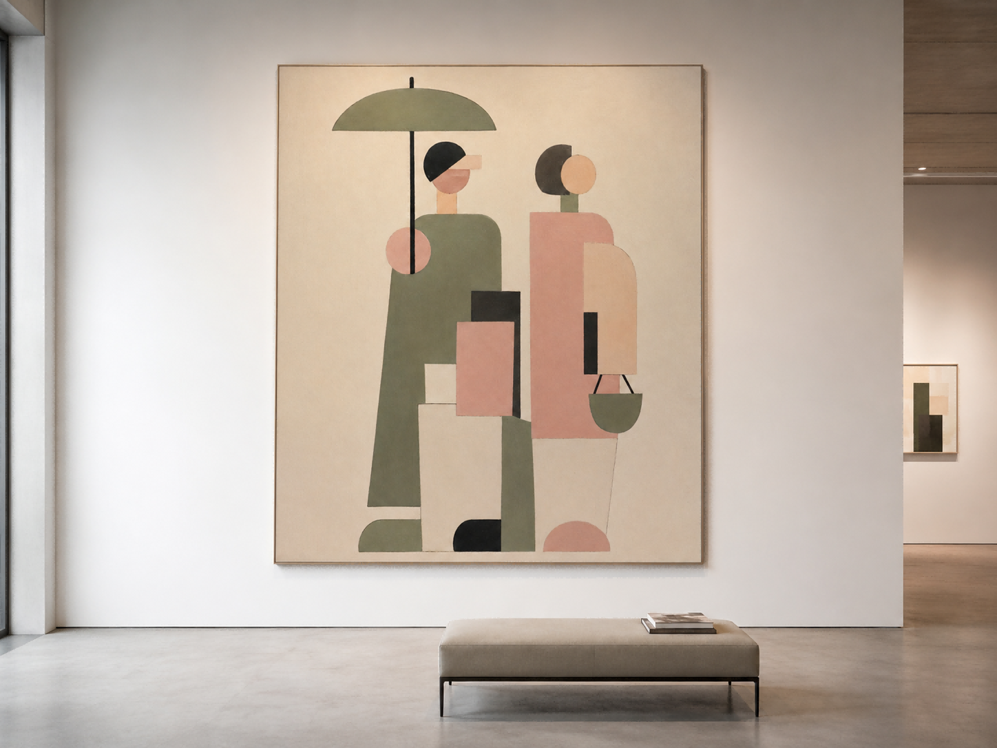 Abstract Geometric People Painting Hand-Painted Canvas Art With Umbrella In Beige Green Pink
