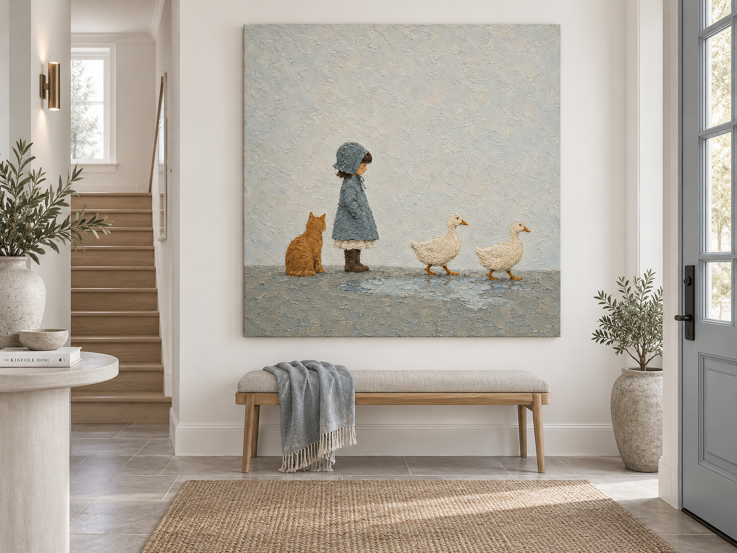 Modern Naive Art Canvas Painting Textured Abstract Animal Scene