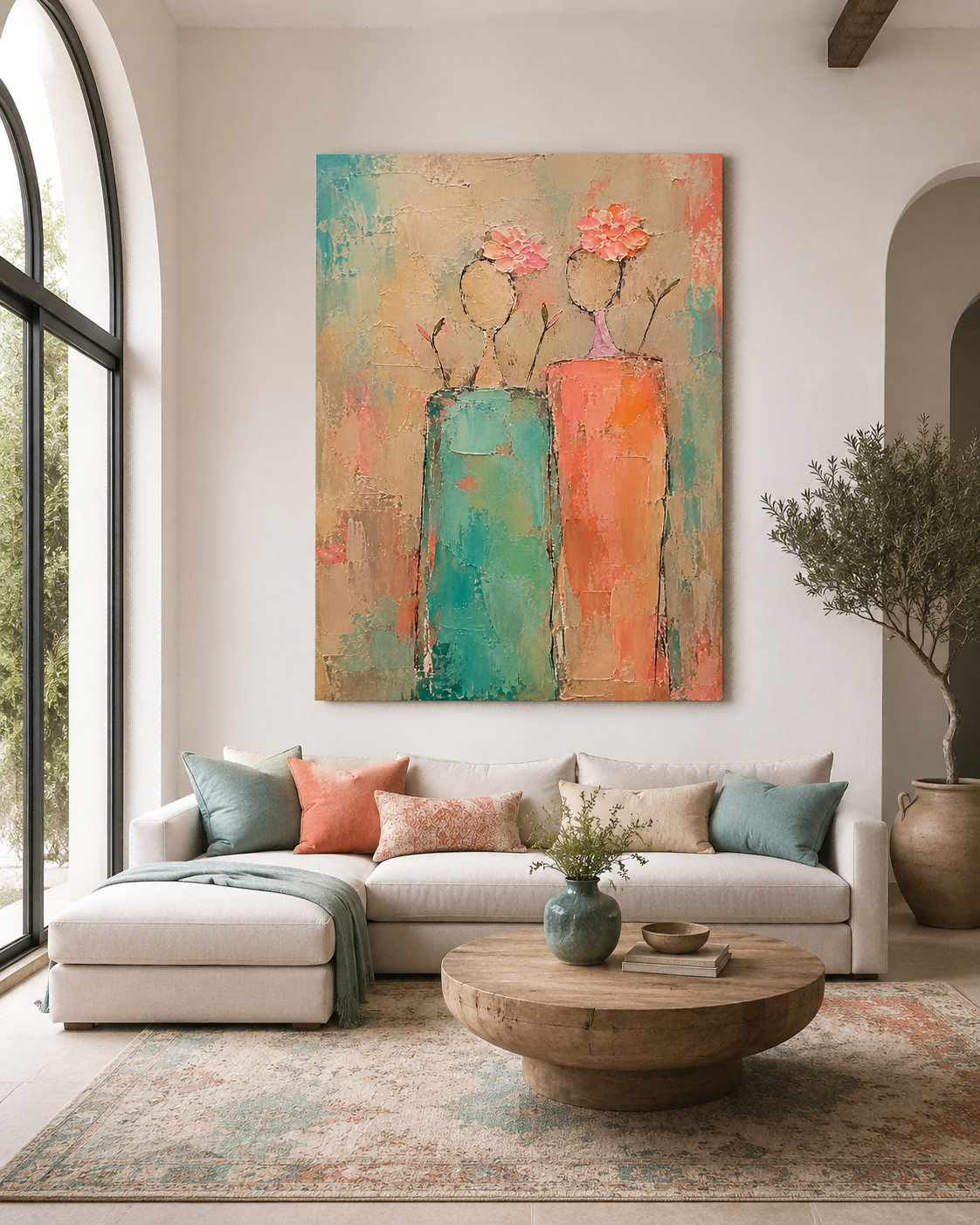 Abstract Floral Women Canvas Painting Hand-Painted Modern Art With Impasto Texture Modern Impasto Oil Painting Abstract Ladies With Flowers For Contemporary Home Decor