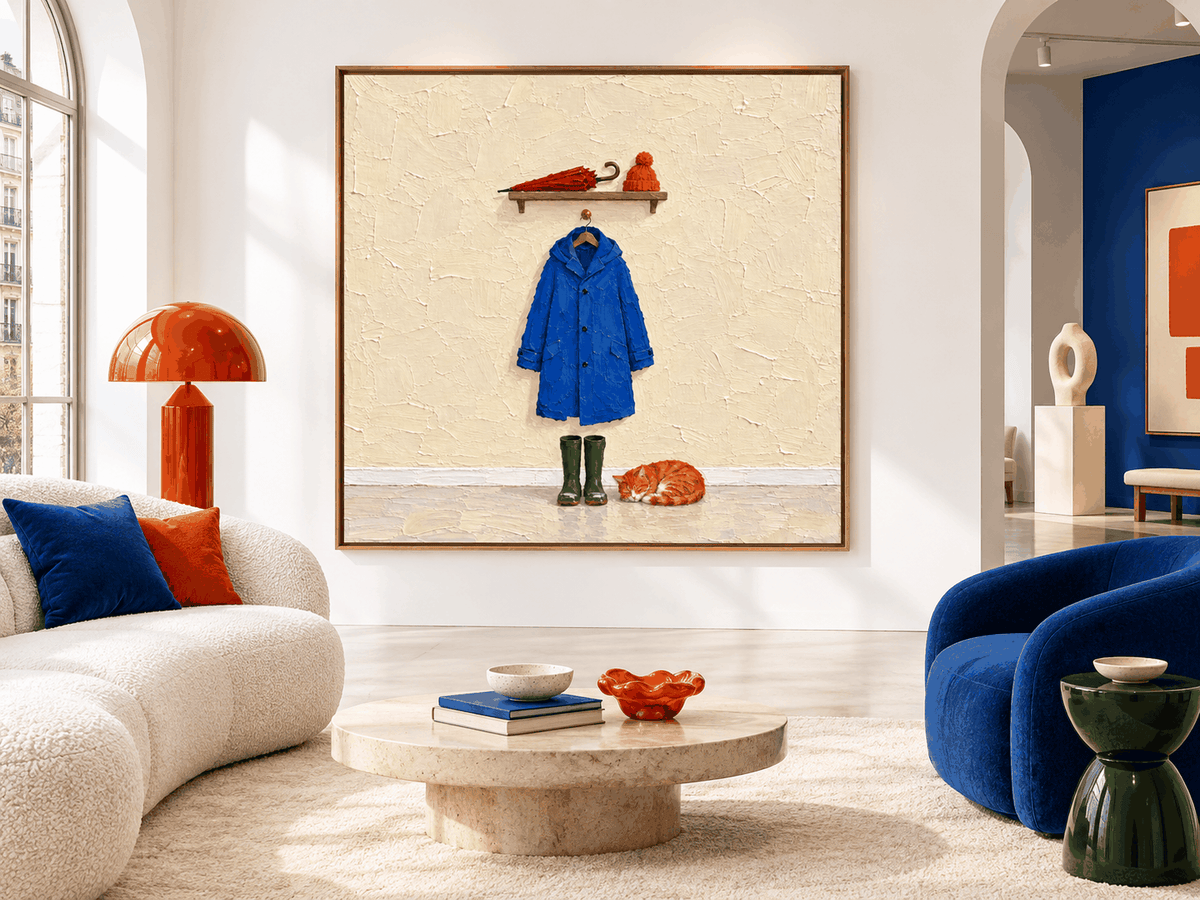 Hand-Painted Blue Coat And Sleeping Cat Canvas Art For Pet Lovers
