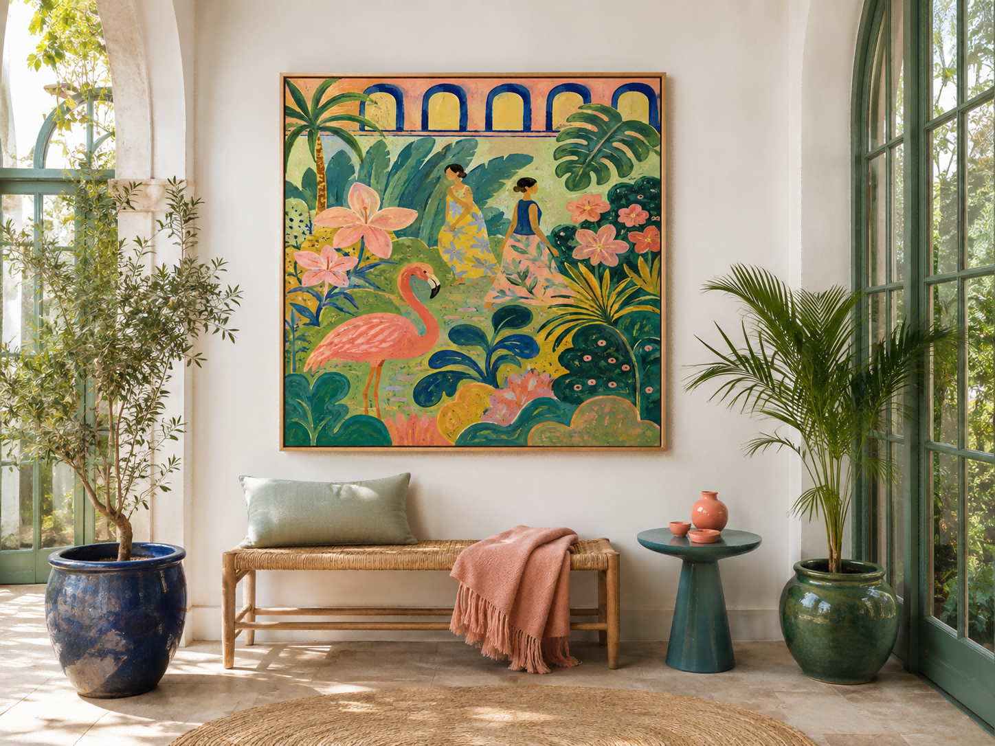 Flamingo And Women In Tropical Garden Hand-Painted Canvas Art Art Deco Fantasy Landscape Painting With Pink And Green Tones