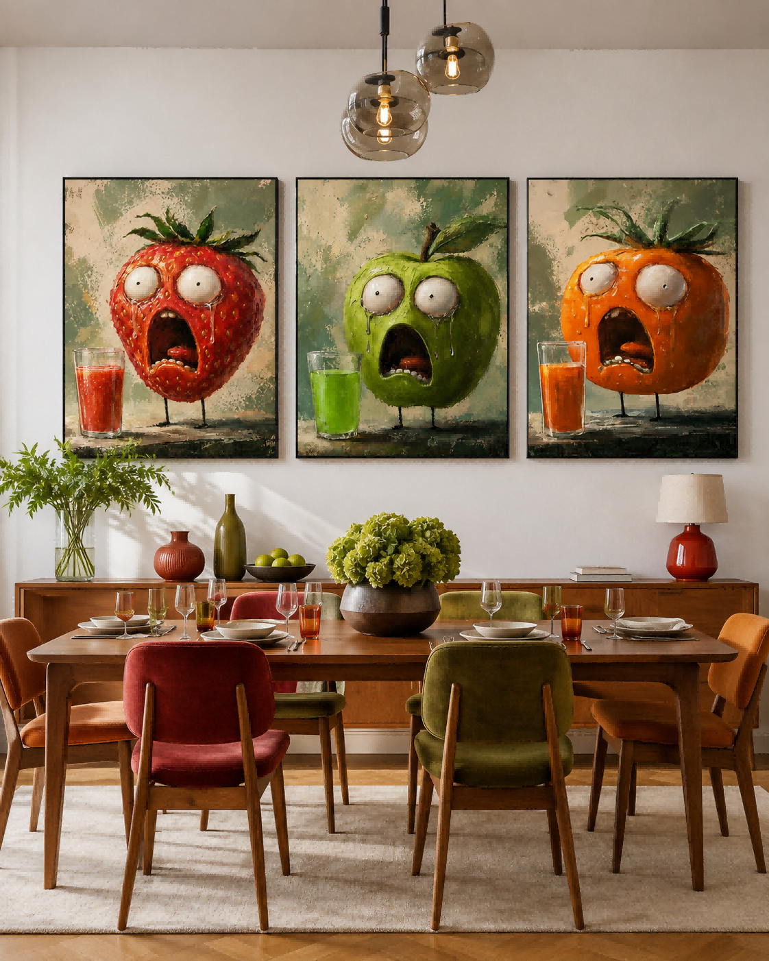 3P Original Oil Painting Of Anthropomorphic Fruits With Expressive Textured Finish