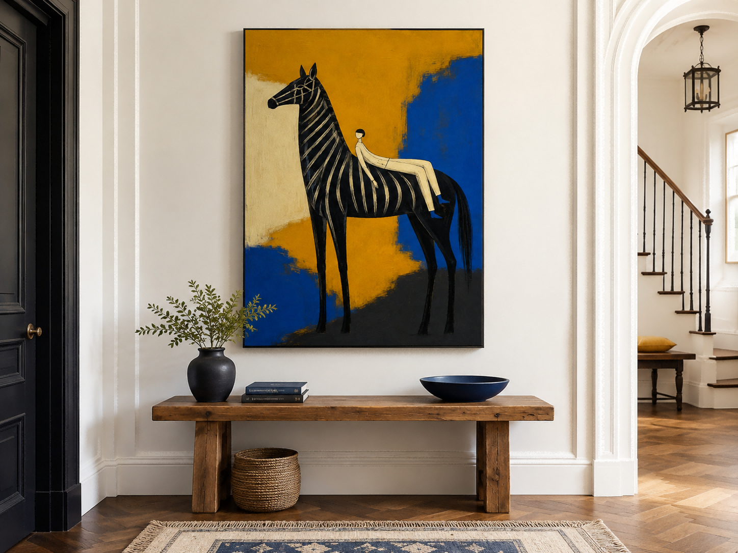 Abstract Zebra And Figure Canvas Painting With Bold Gold Blue Colors