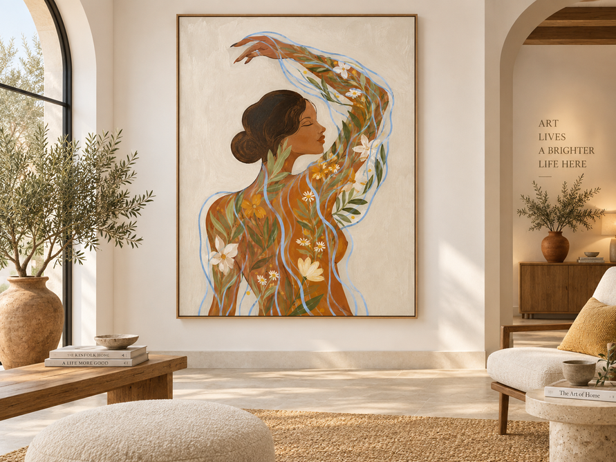 Hand-Painted Abstract Floral Woman Canvas Art With Blue Waves For Modern Home Decor Bohemian Wall Art