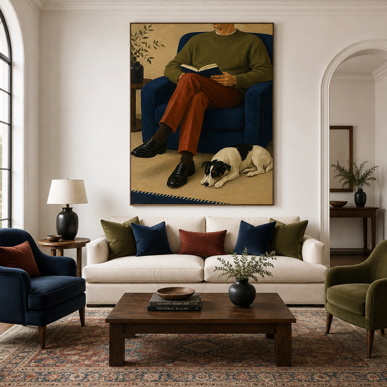 Cozy Living Room Wall Art Featuring Man And Pet In Modern Style