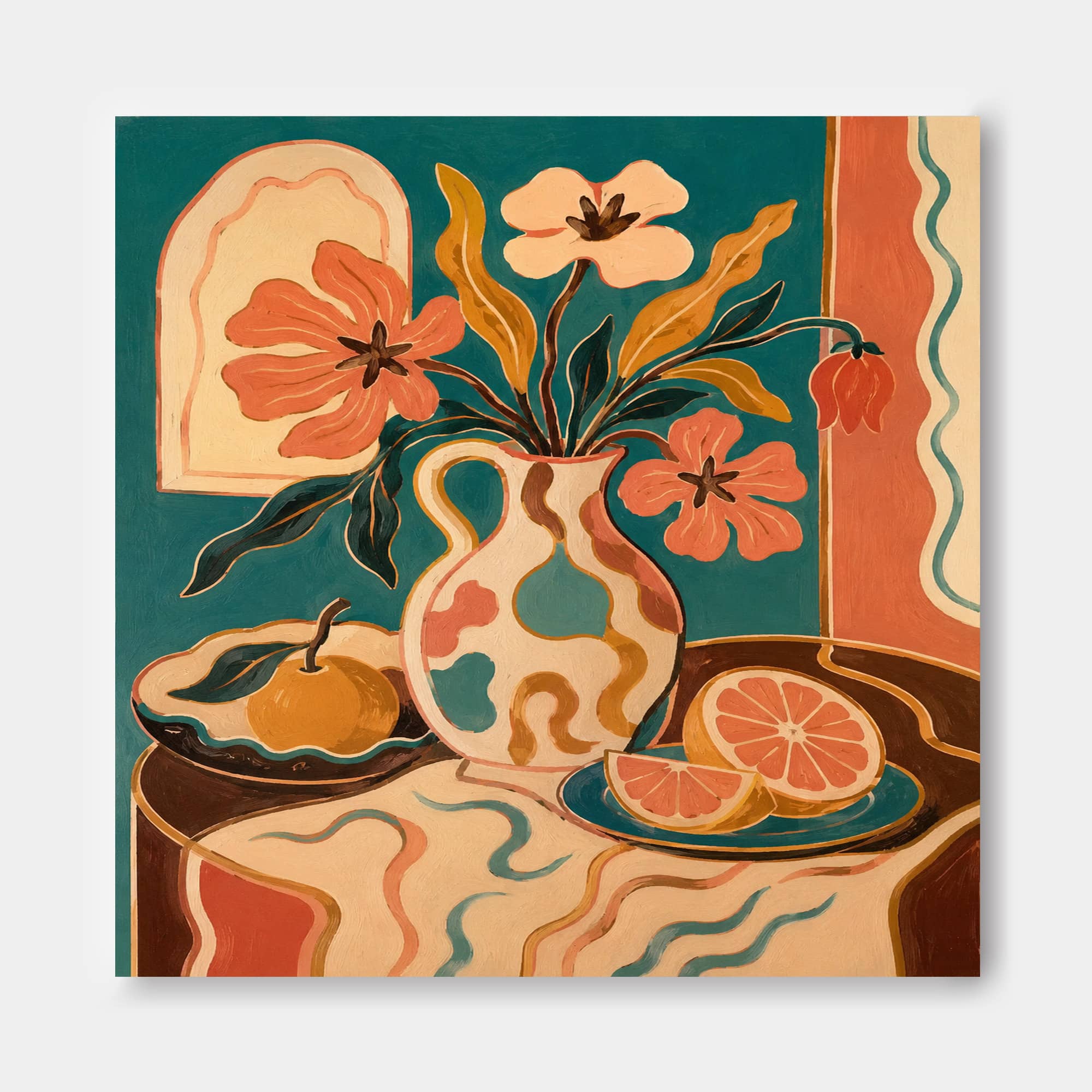 Whimsical Art Deco Style Painting With Abstract Fruit And Flowers