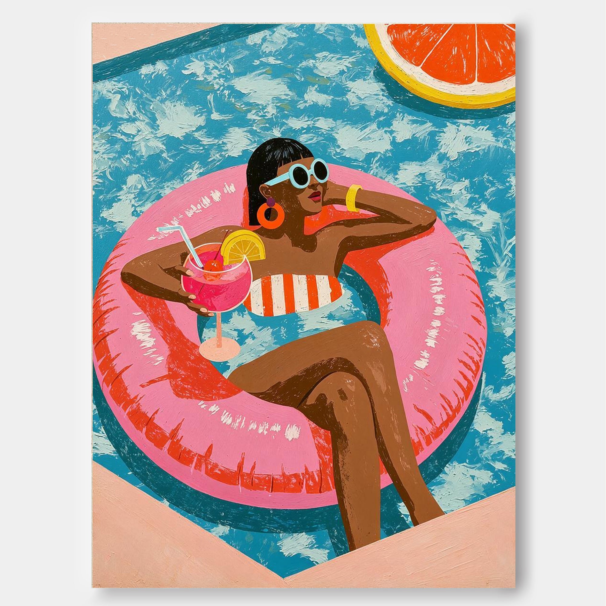 Vibrant Poolside Pop Art Painting With Citrus Motifs For Summer Home Decor