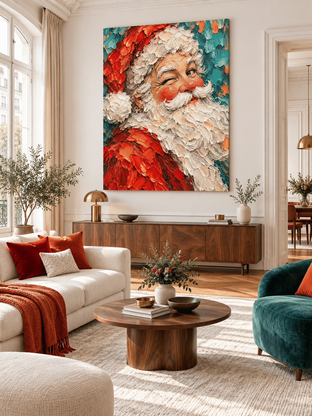 Hand-Painted Winking Santa Portrait Canvas Art With Red And Teal Colors