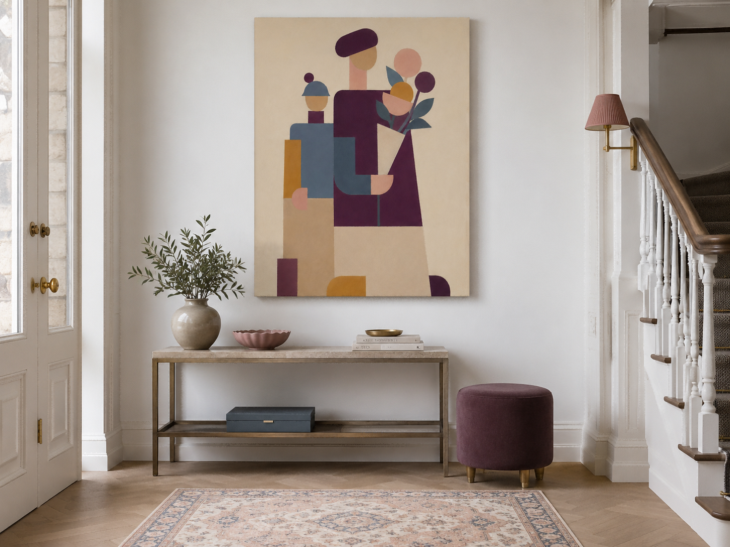Contemporary Abstract Oil Painting With Flat Design And Earthy Color Palette